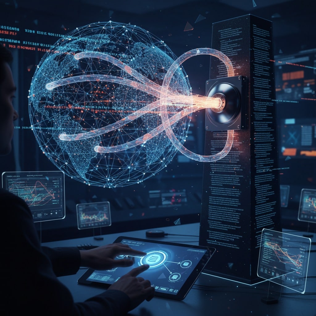 Person at desk with holographic globe